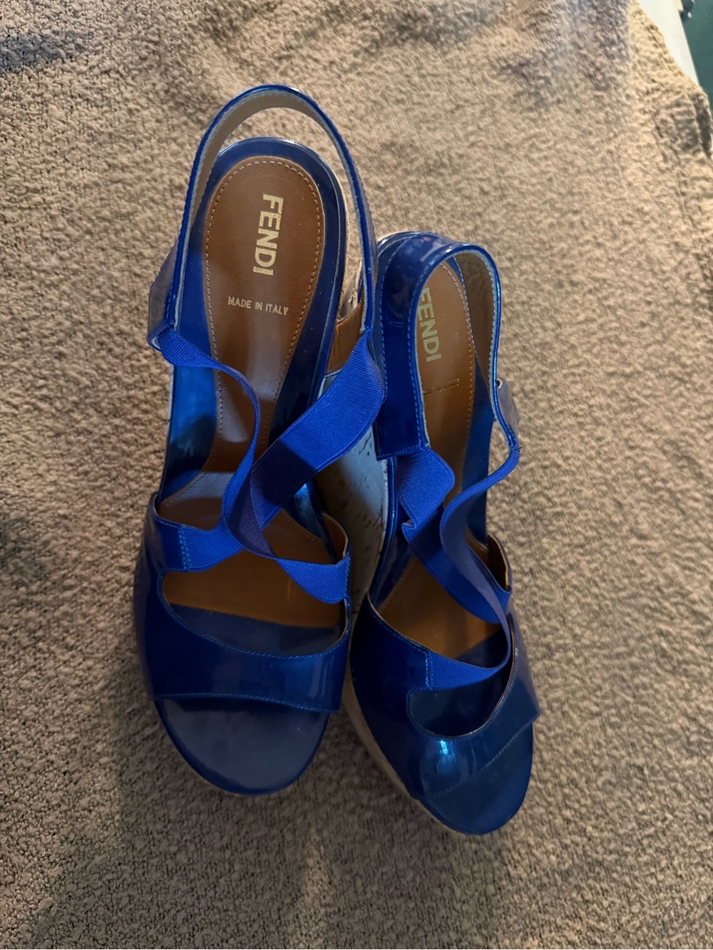 Fendi Royal Blue Patent Leather Wedge Sandals